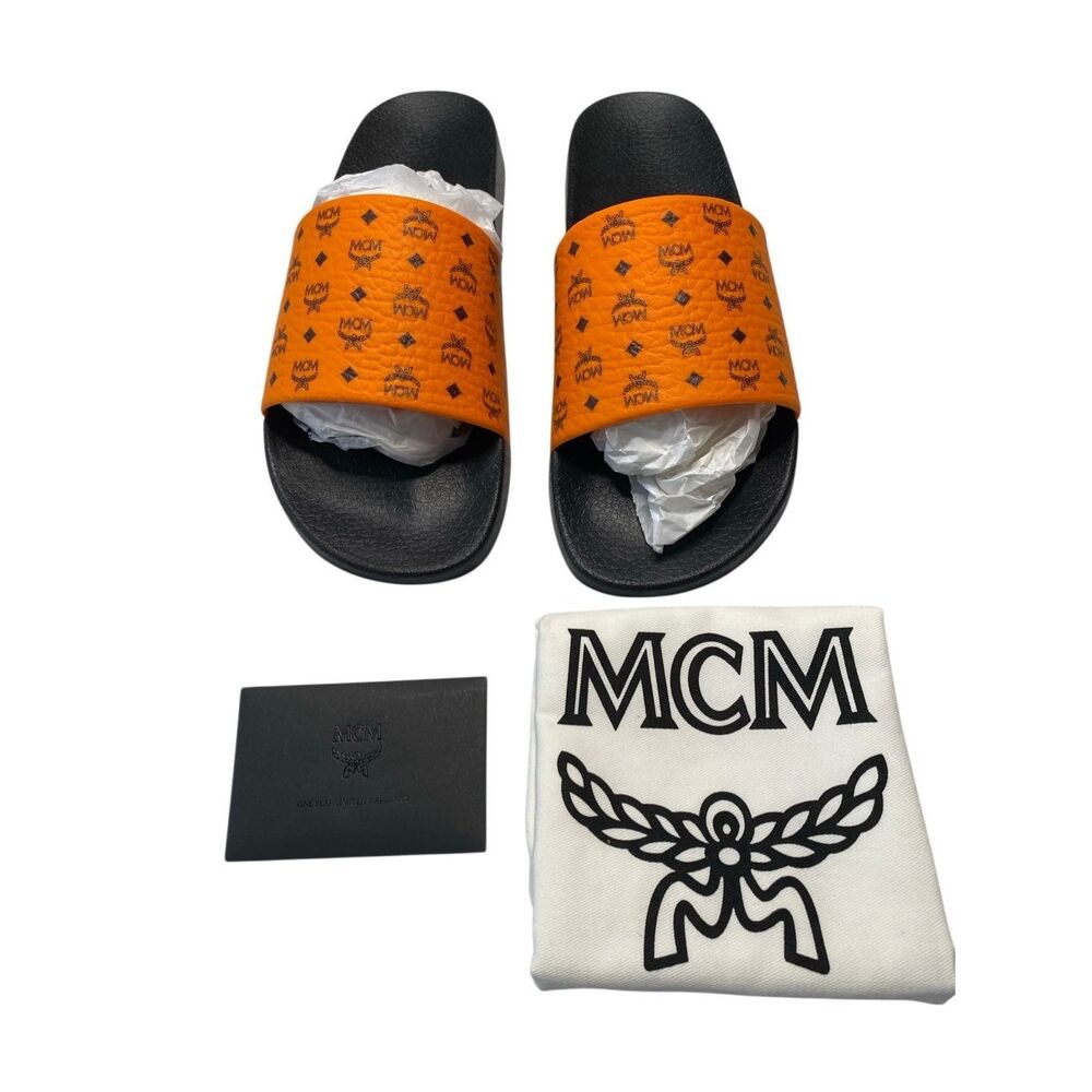 NIB MCM Mens US 10 Persimmon Orange Visetos Monogram Print Vamp Slide Sandals 43
